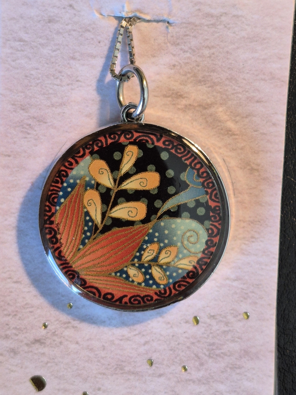 Artisan Tropical Flower Pendant Necklace in Black, Orange & Teal